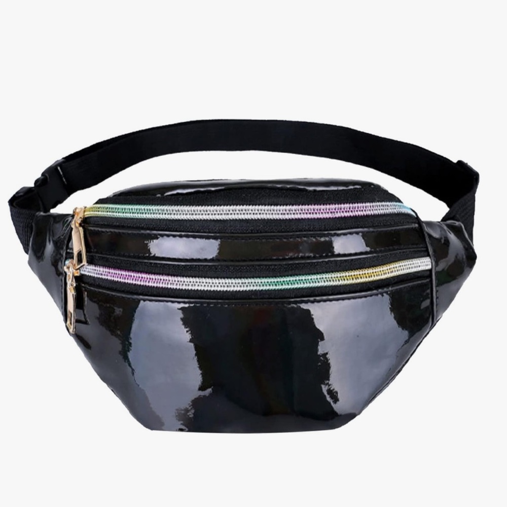 Glossy Black Waist Bag with Rainbow Accents